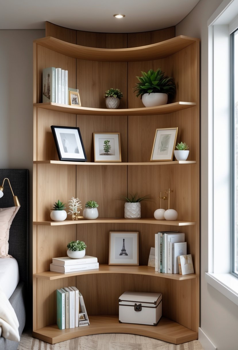 An open corner shelving unit filled with books, plants, and decorative items in a bedroom corner with a bed and soft lighting.
