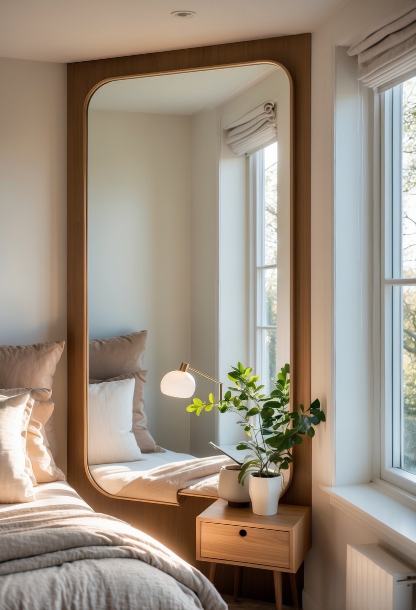 A bedroom corner with a large mirror reflecting light, a bed with pillows, a nightstand with a plant and lamp, and sunlight coming through a window.