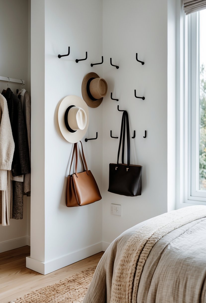 A bedroom corner with hooks mounted on the wall holding bags and hats next to a bed.