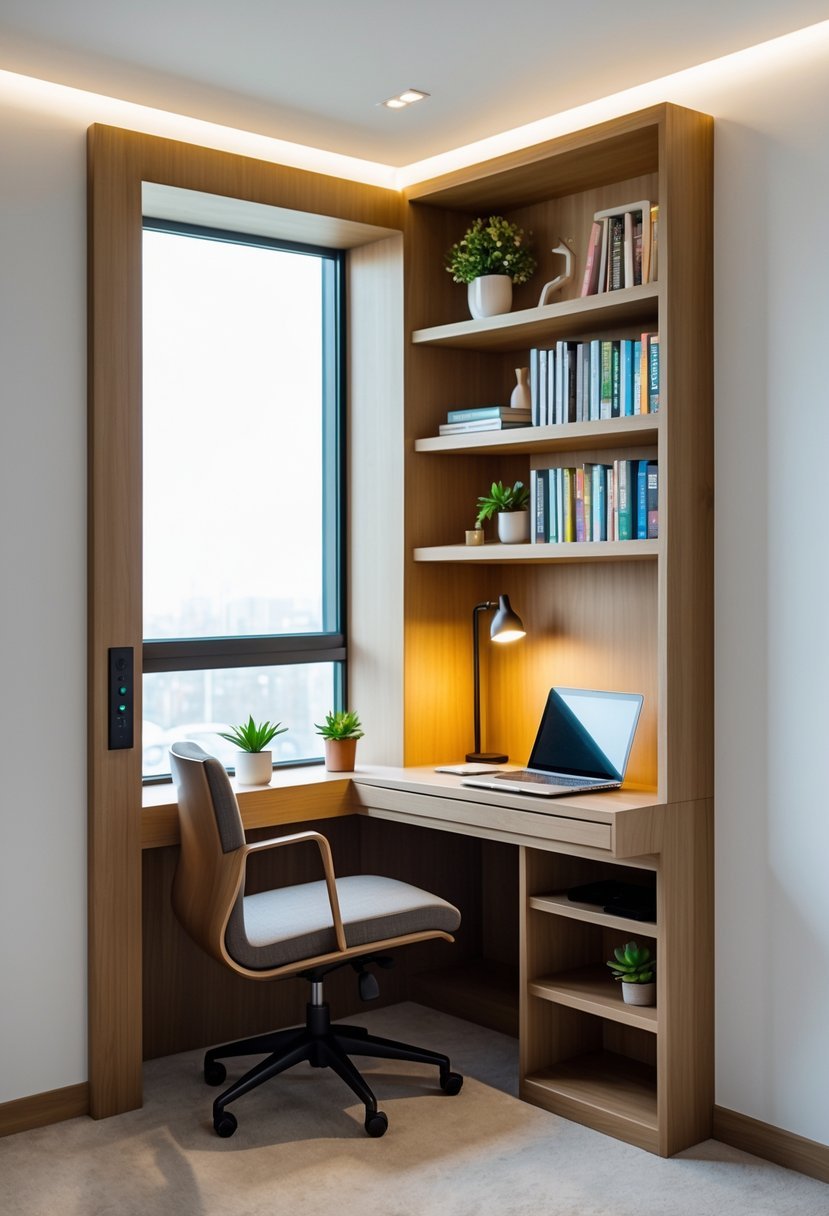 Built-in corner bookshelf filled with books and decorative items next to an integrated workspace with a desk, laptop, and chair in a bright room.