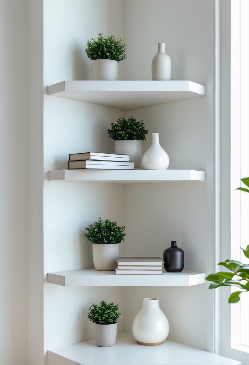 A bright room corner with floating shelves holding plants, books, and decorative items.