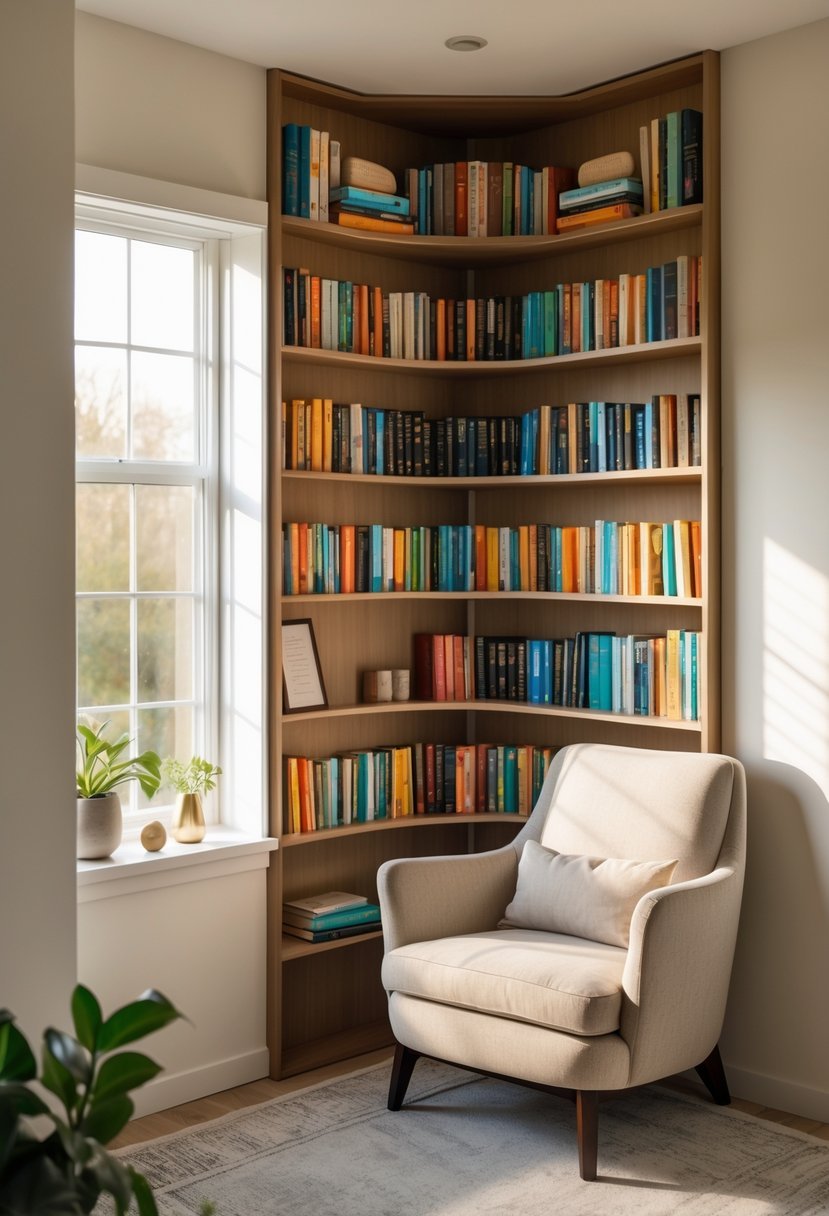 A corner bookshelf filled with books next to a comfortable armchair in a well-lit room.