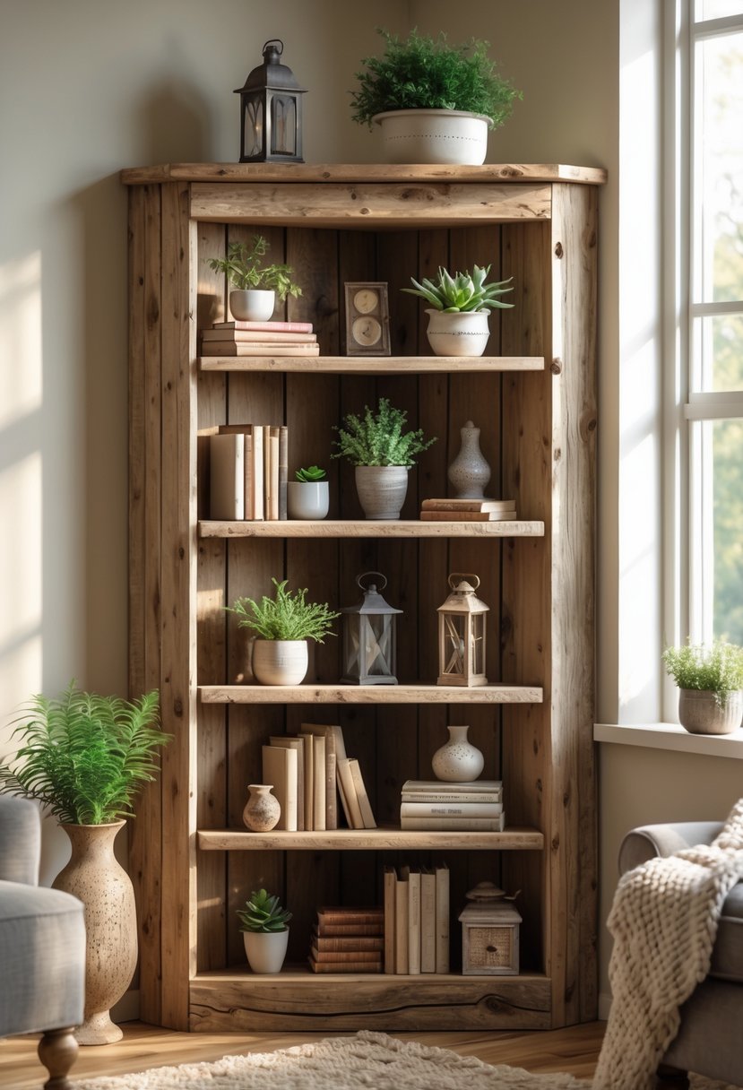 A wooden corner bookshelf filled with books and decorative items in a cozy living room corner with soft natural lighting.