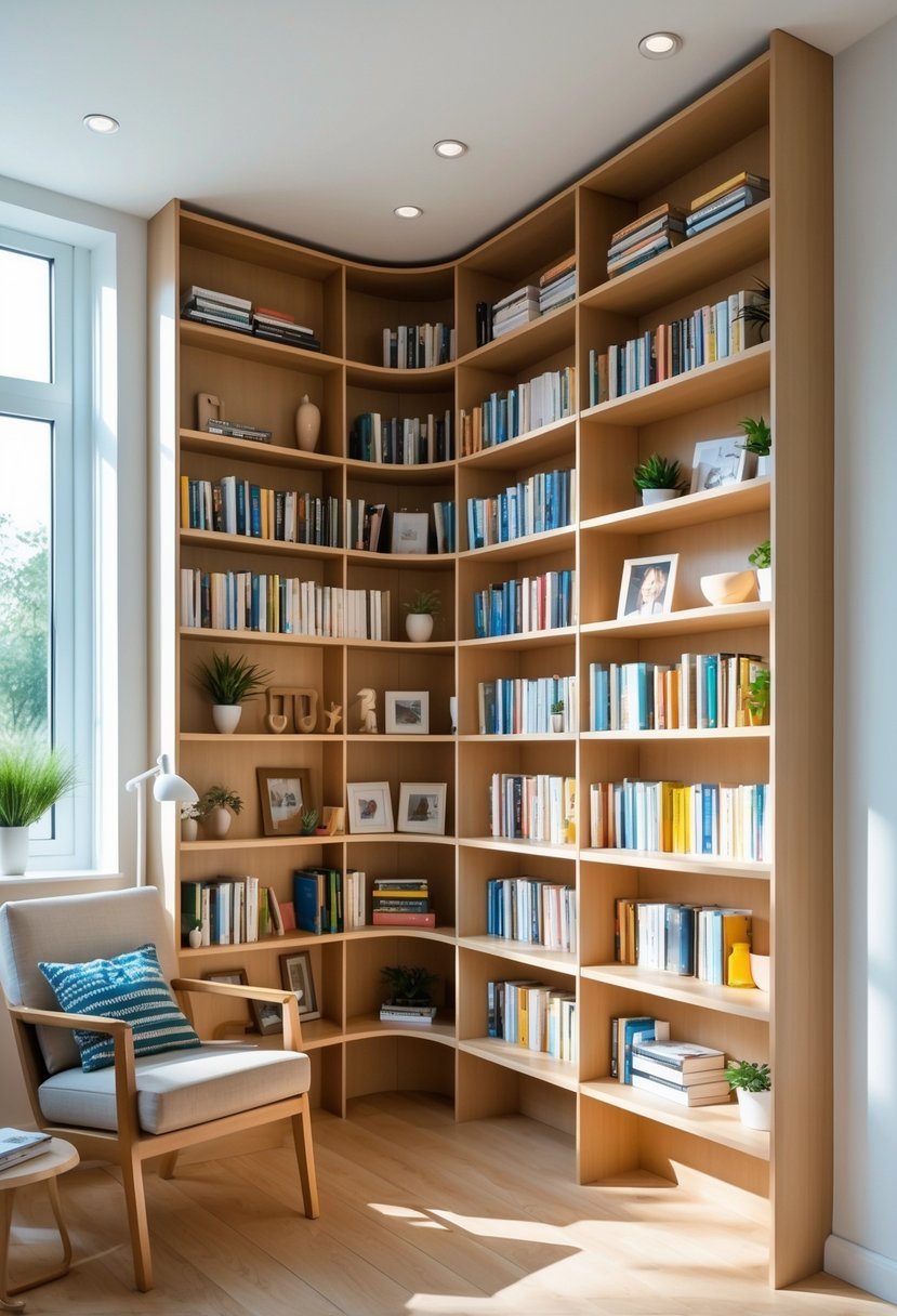 A corner bookshelf spanning two walls filled with books and decorative items in a bright room with a reading chair nearby.