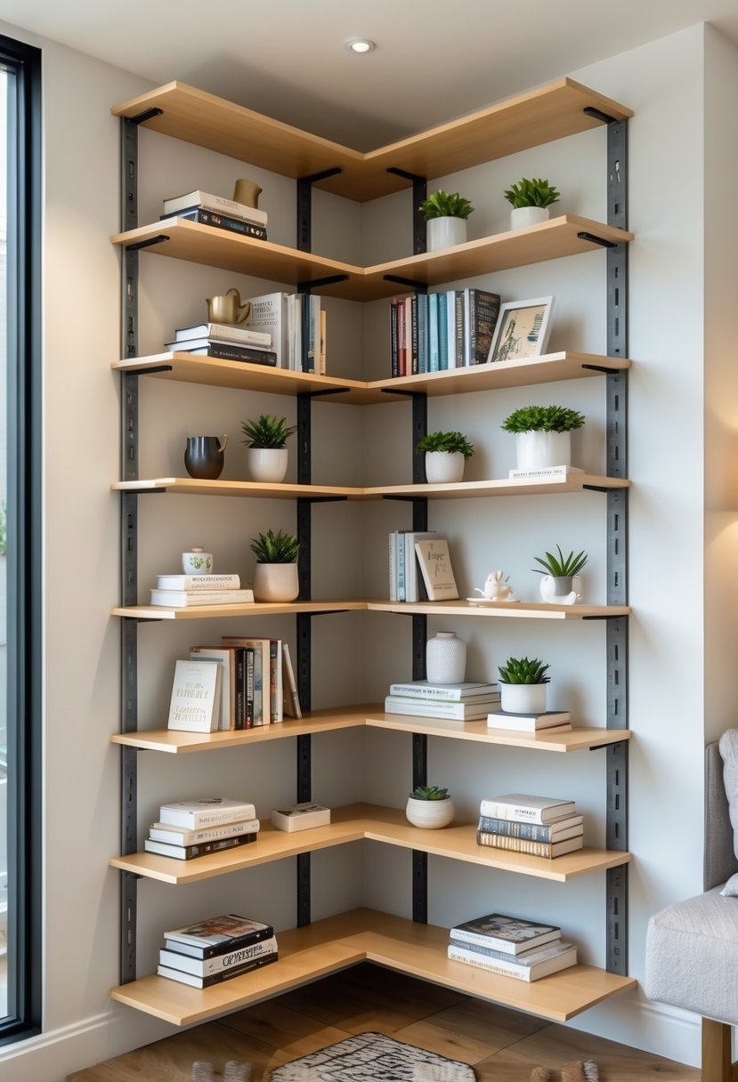 A corner bookshelf with adjustable shelves filled with books and decorative items in a bright living room corner.