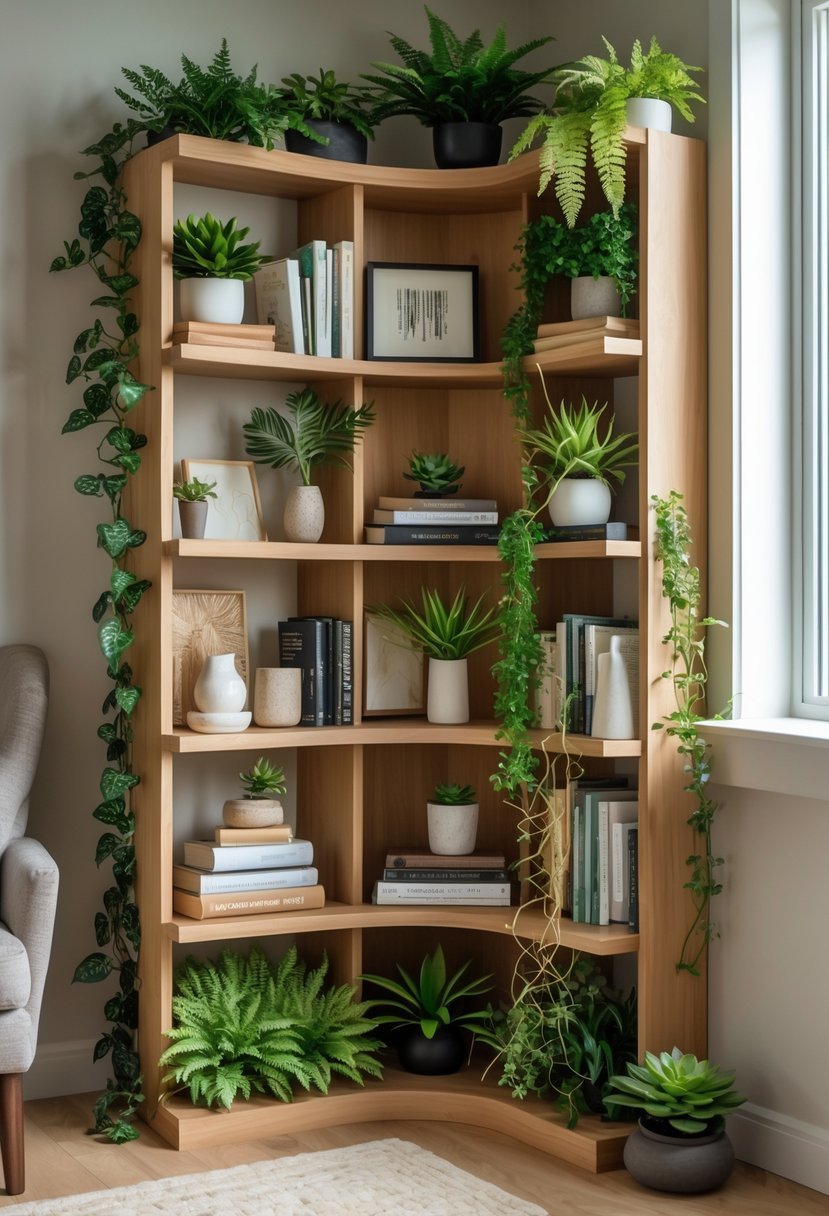 A corner bookshelf filled with books and green plants in a cozy living room setting.