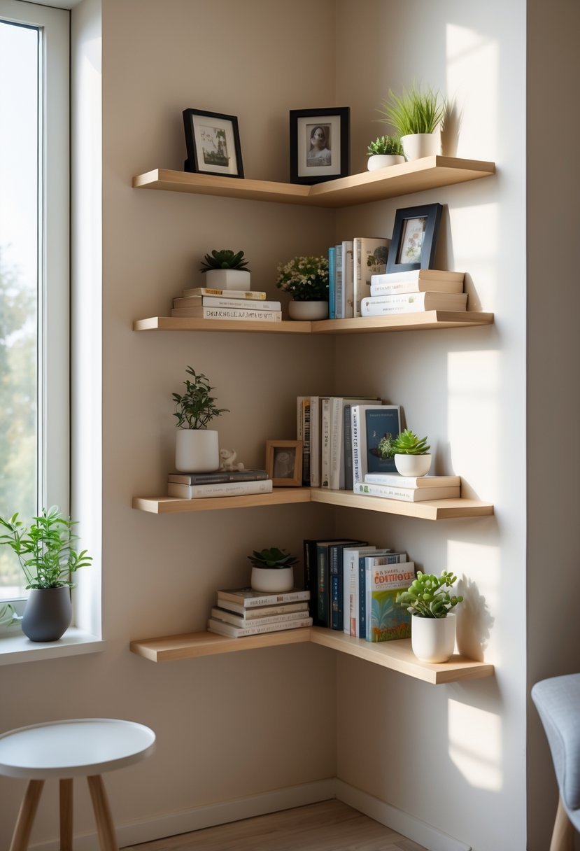 A small room corner with wooden corner shelves holding books and plants, lit by natural daylight.