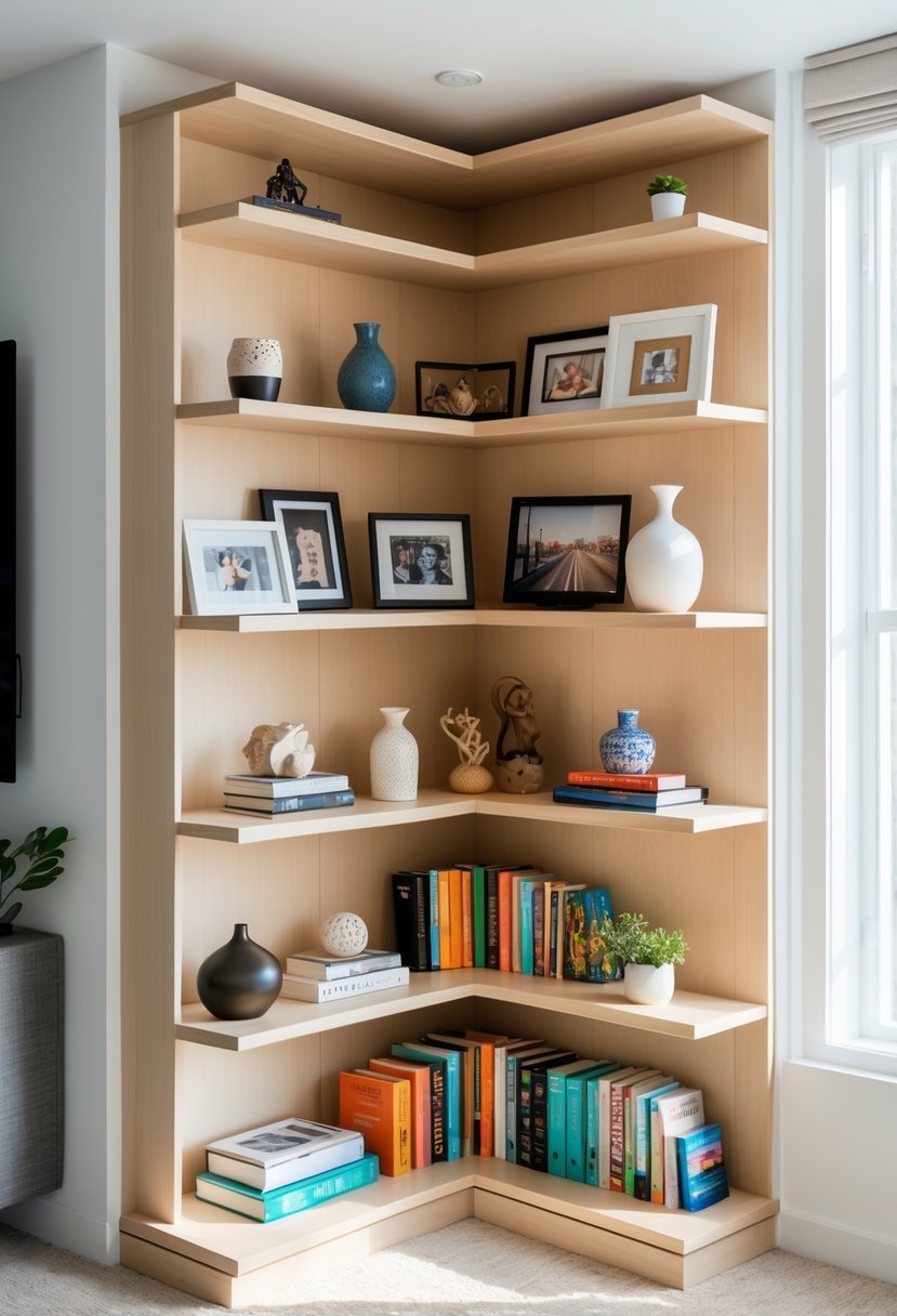 Open corner shelves filled with collectibles and books in a well-lit room.
