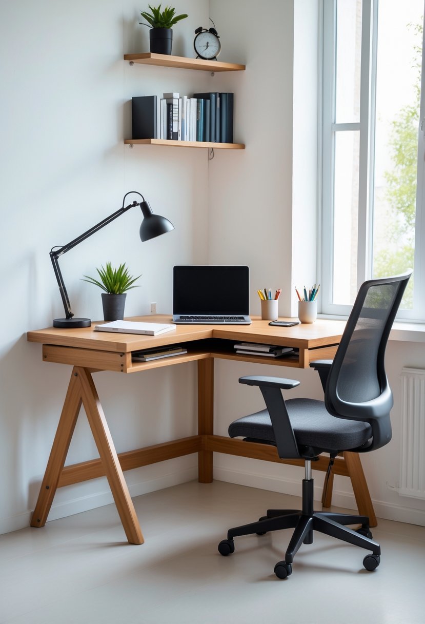A corner study table with a laptop, notebooks, desk lamp, and a chair in a bright room.