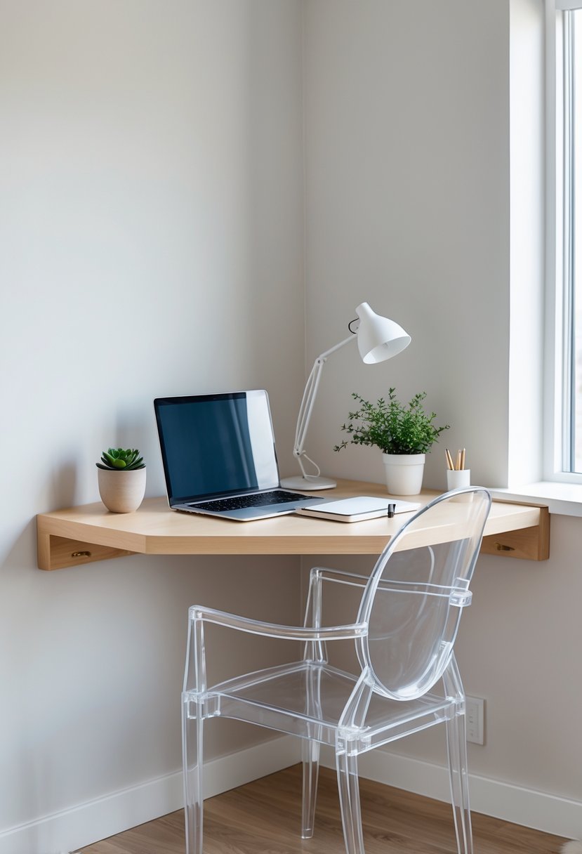 A floating corner desk with a transparent acrylic chair in a bright, tidy study room.