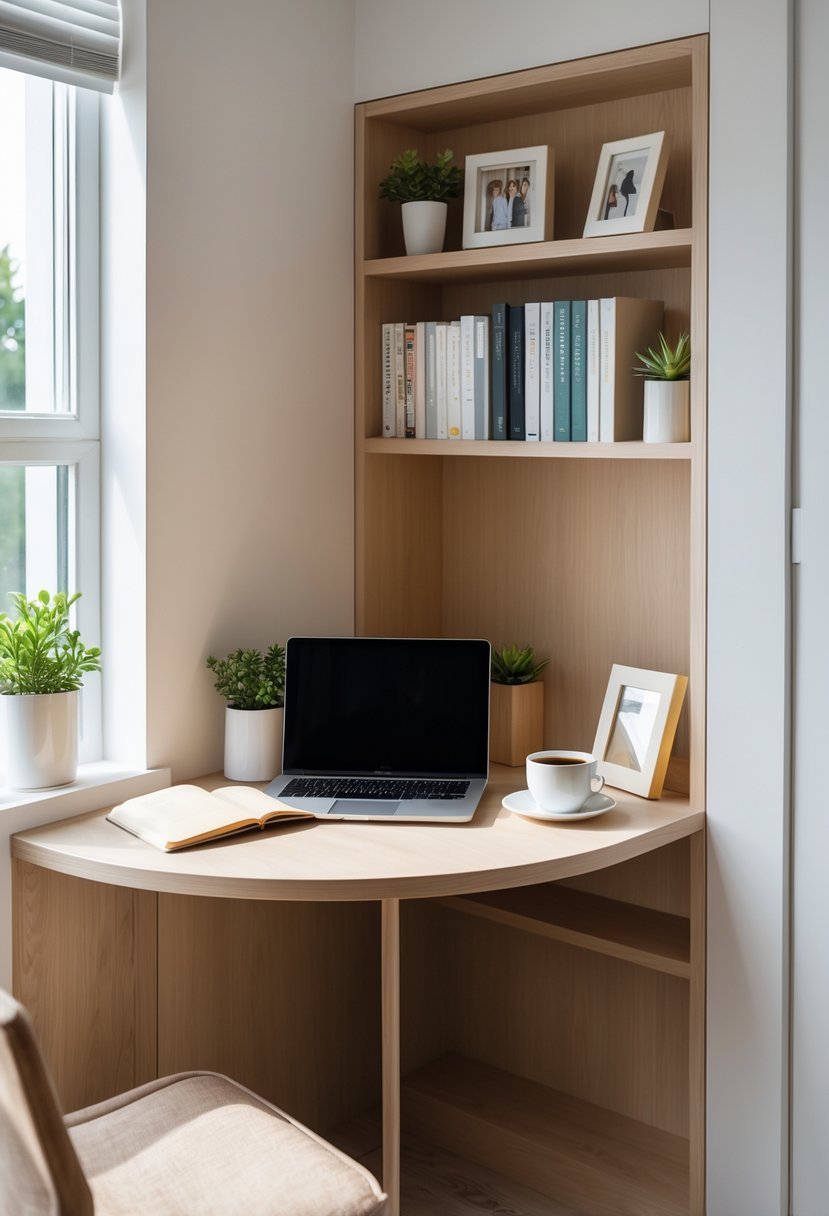 A corner study table with a built-in bookshelf filled with books and a workspace with a laptop, notebook, and coffee cup.