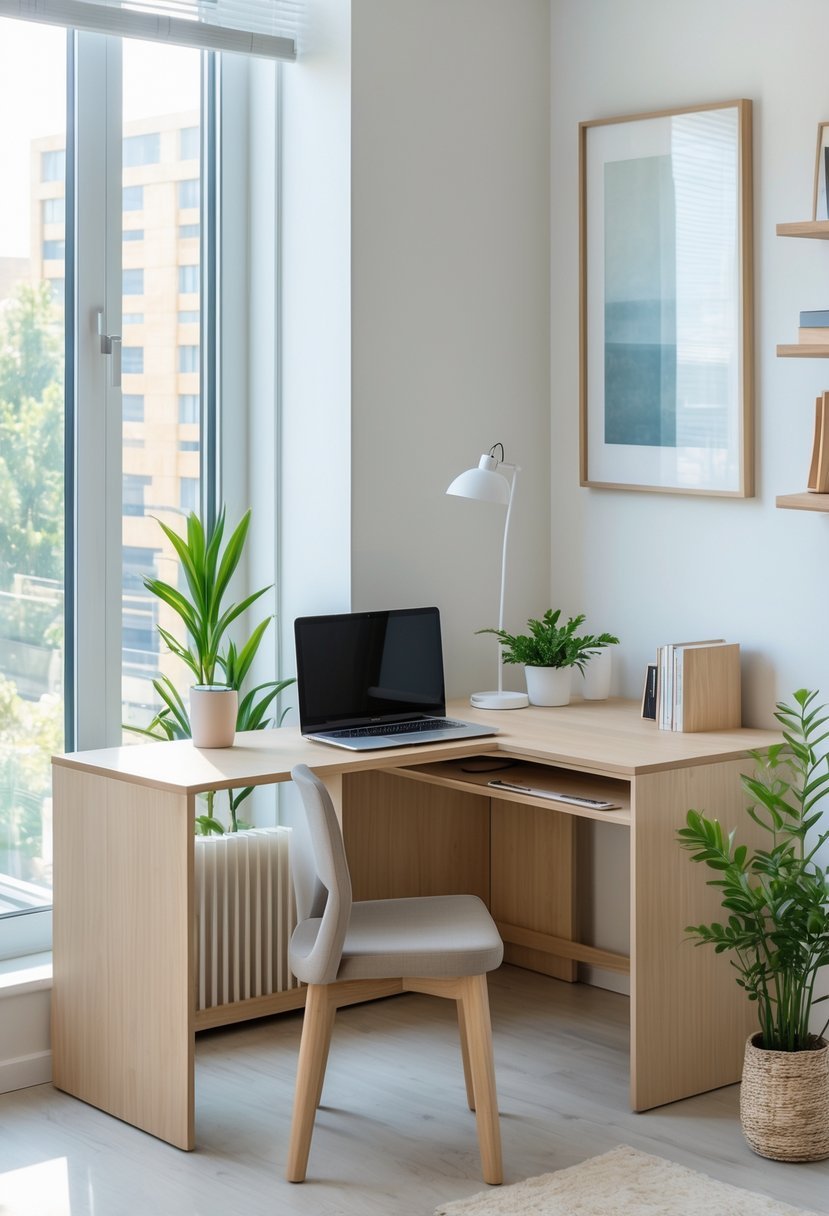 An L-shaped wooden corner study table with a laptop, books, a plant, and a desk lamp in a bright room with a chair and window.