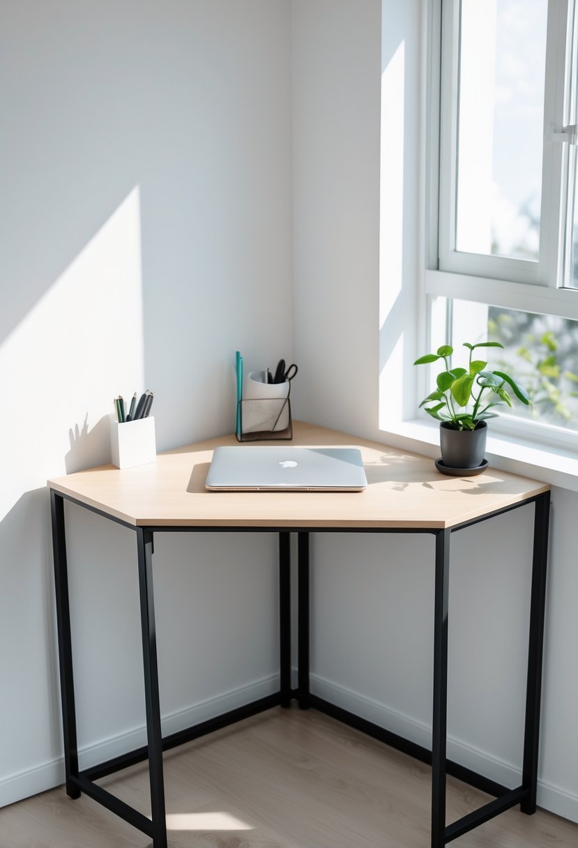 A corner study desk with a metal frame and wooden surface, set up with a laptop, notebook, pens, and a small plant in a bright room.