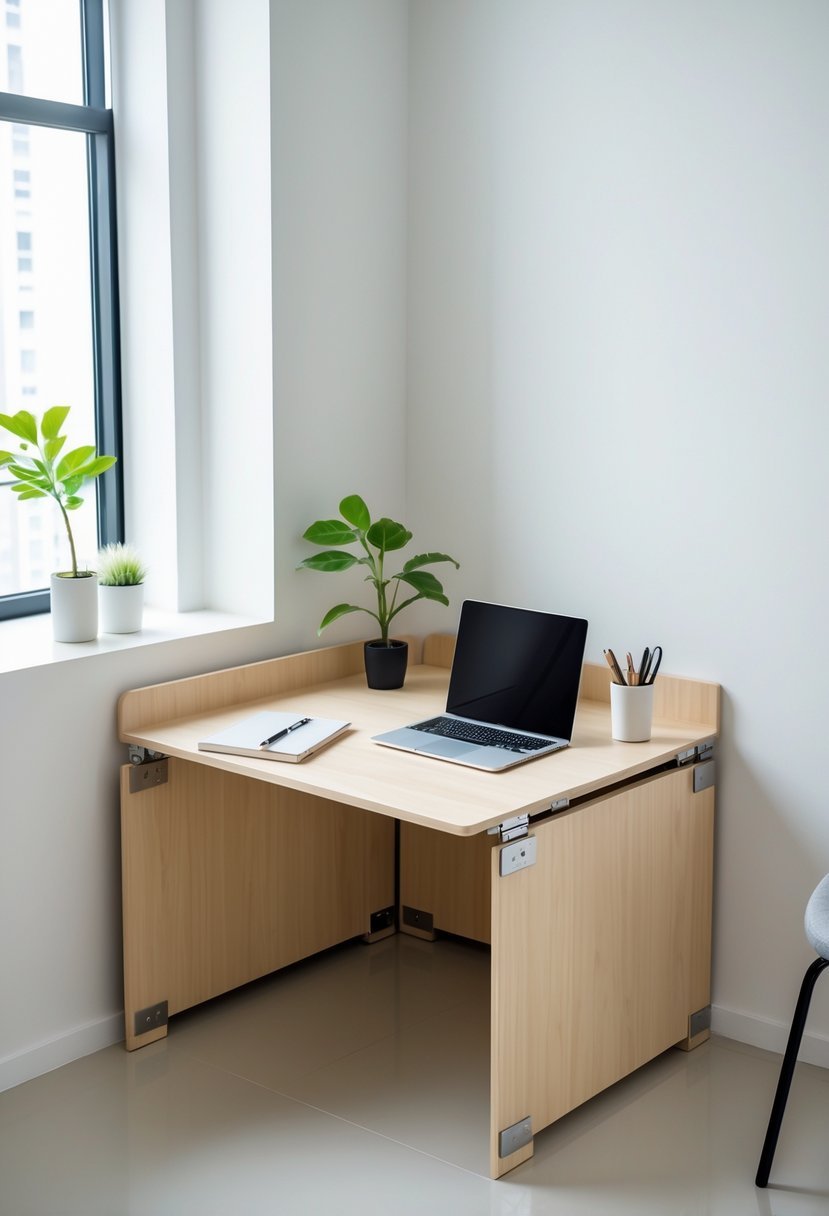 A compact foldable corner study table set up in a bright room with a chair and a small plant nearby.