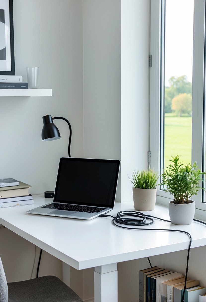 A tidy corner desk with a laptop, books, a desk lamp, and neatly managed cables in a bright study room.