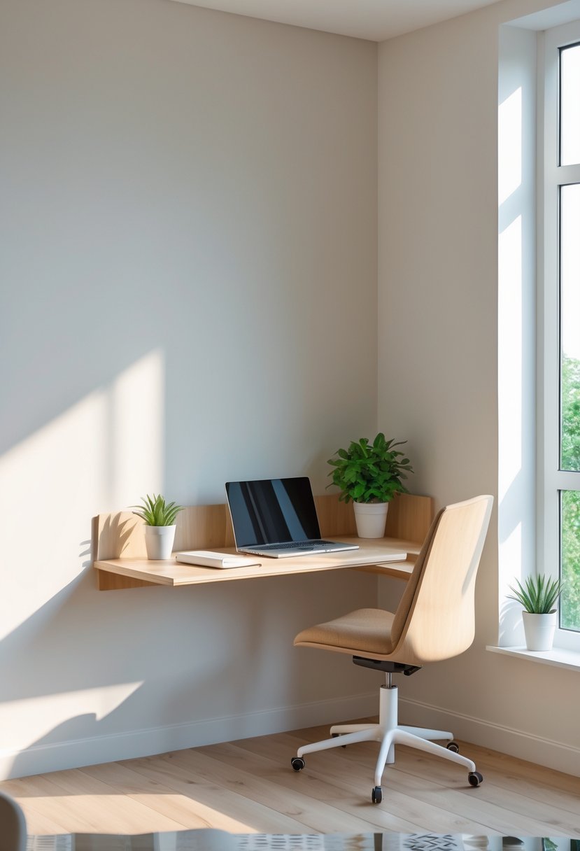 A wall-mounted floating corner table set up as a study workspace with a chair, laptop, notebook, and plant in a bright room.