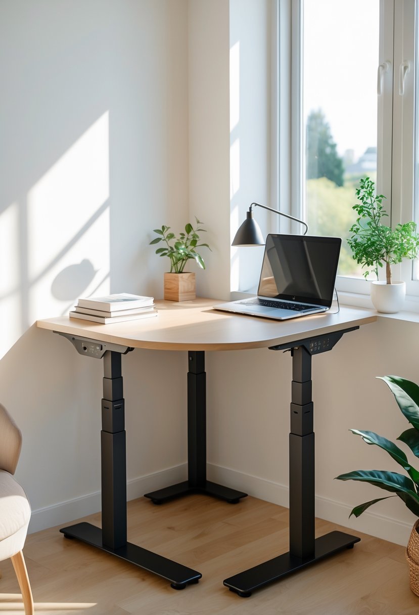 A corner study table with adjustable height in a bright room, featuring a laptop, books, a plant, and a desk lamp.