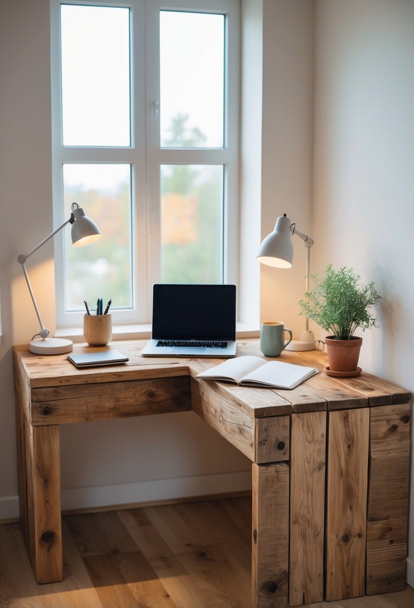 A corner wooden desk with study supplies in a bright, organized room with natural light.