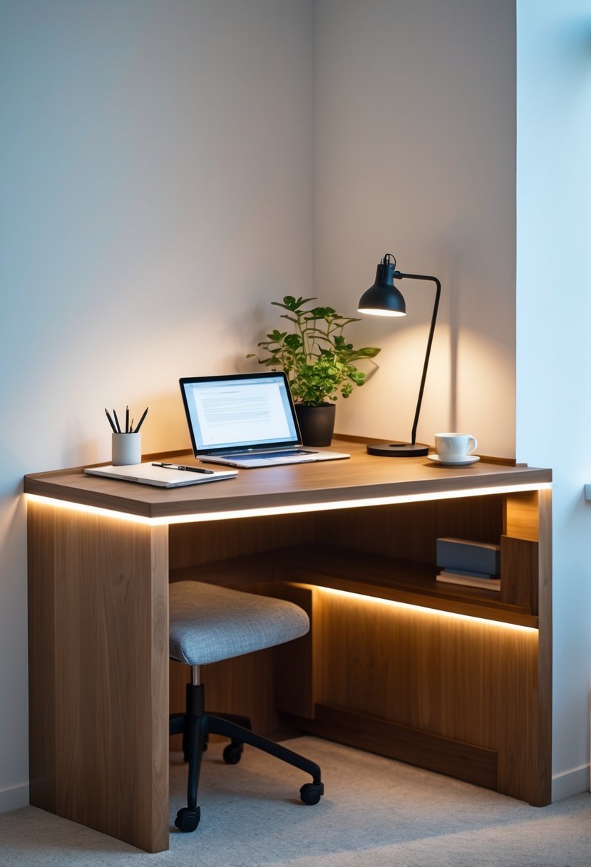 A corner study table with built-in lighting, featuring a laptop, notebook, desk lamp, and a small plant in a bright room.