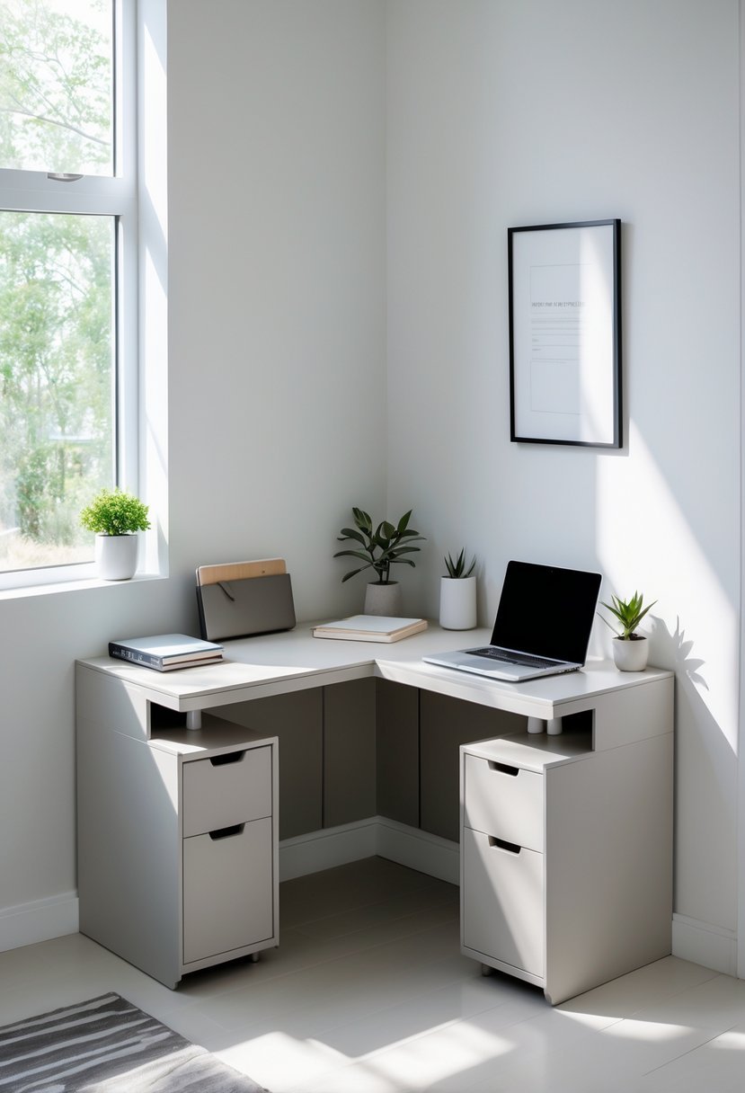 A corner desk with storage drawers in a bright room, featuring a laptop, notebook, pen holder, and a small plant on the desk surface.
