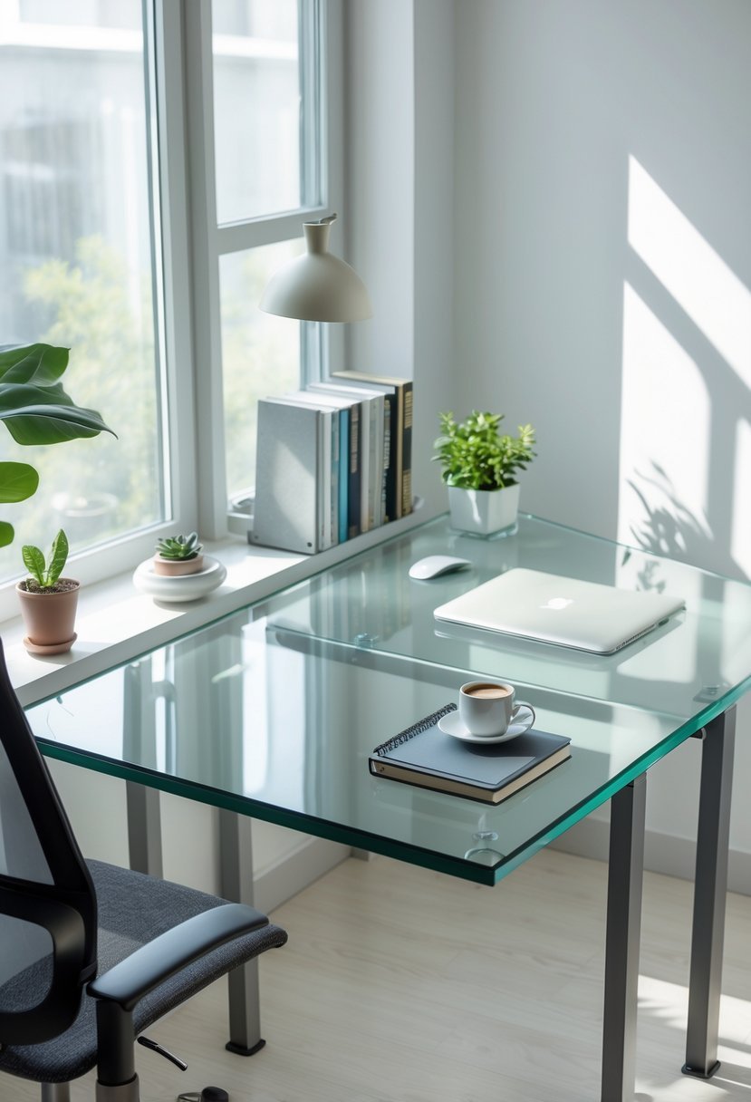 A glass top corner study table in a bright room with a laptop, books, a plant, and an office chair.