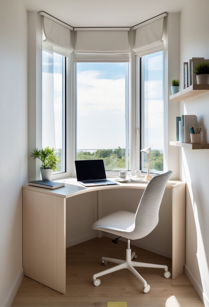 A corner study nook near a window with natural light, featuring a study table, chair, laptop, books, and plants.