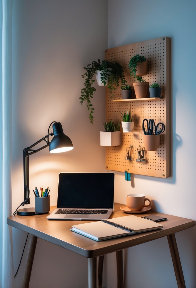 A corner study table with a wooden desk and a pegboard organizer holding office supplies in a clean, well-lit room.