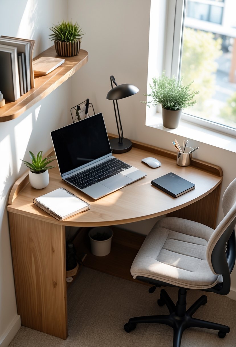 A corner study table with a wooden desk and a swivel chair in a bright room with a window and bookshelf.