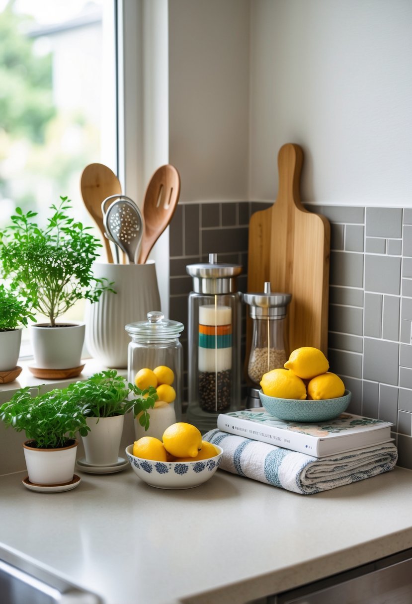 A kitchen counter corner decorated with potted plants, cooking utensils, a wooden cutting board, fresh lemons, a candle, and cookbooks.