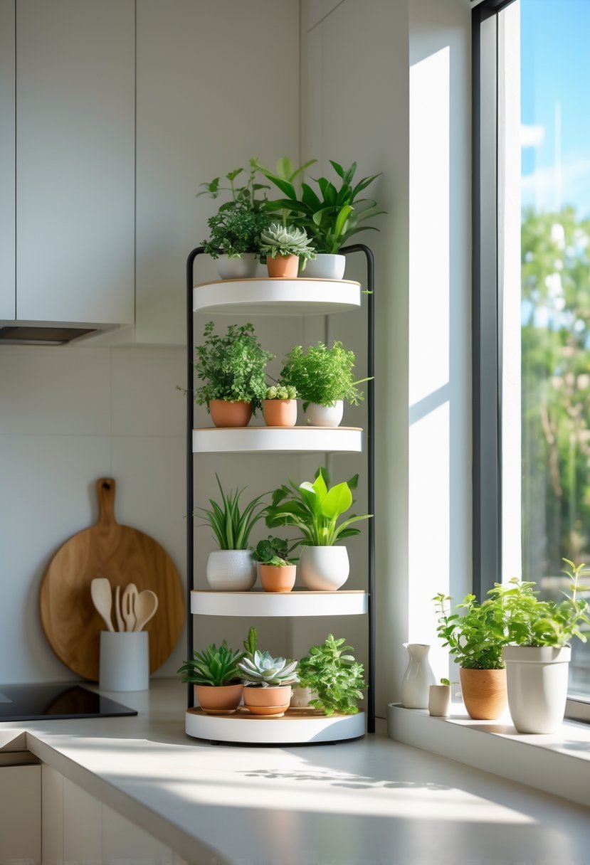 A kitchen corner with a tiered plant stand holding various small potted plants on a clean countertop near a window.