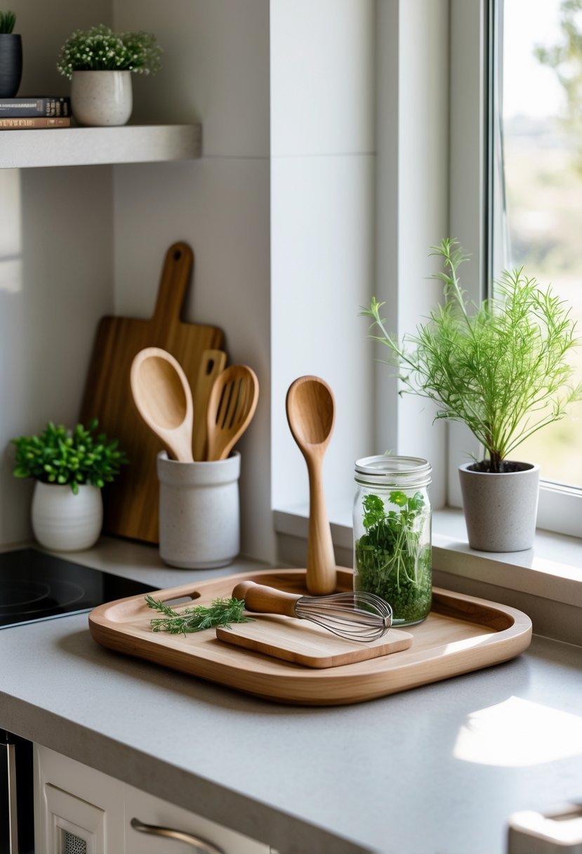 A kitchen counter corner with a tray holding essential kitchen tools and a small potted plant.