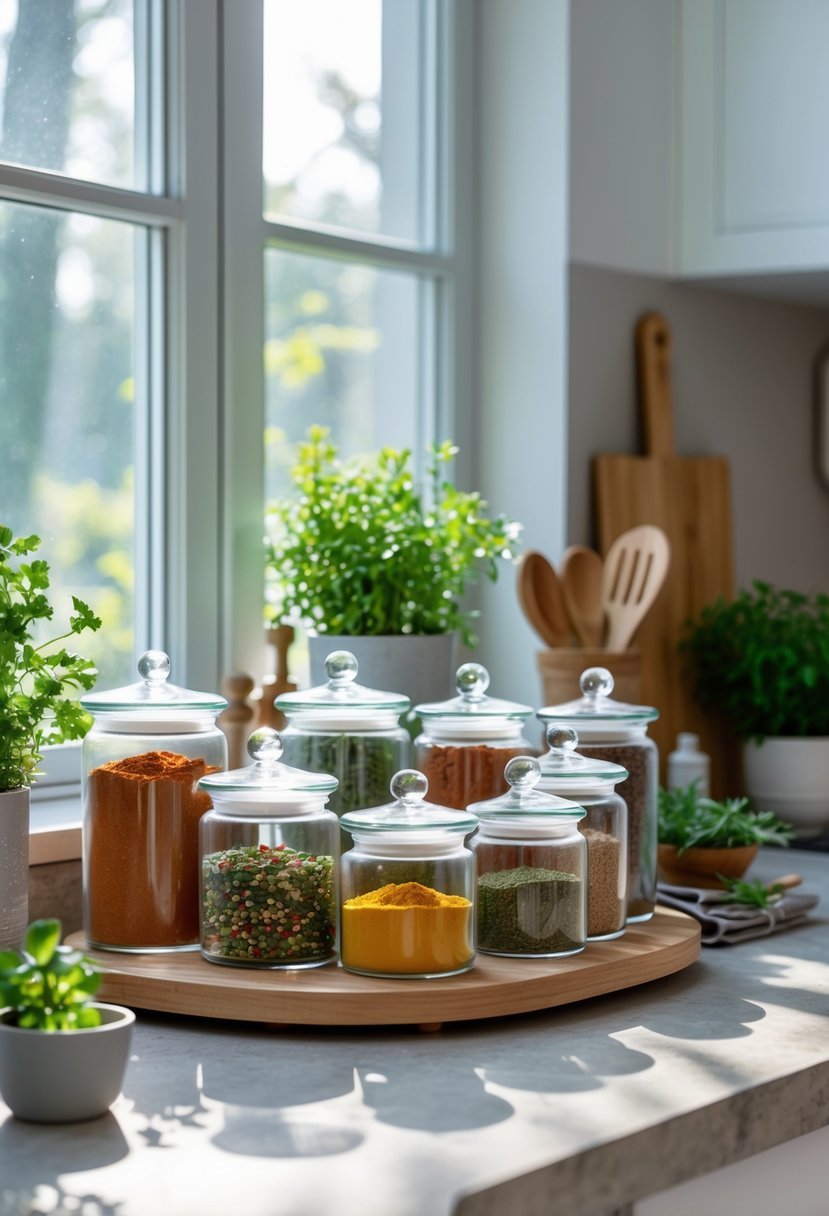 A kitchen counter corner with decorative glass jars filled with colorful spices, surrounded by fresh herbs and kitchen utensils.