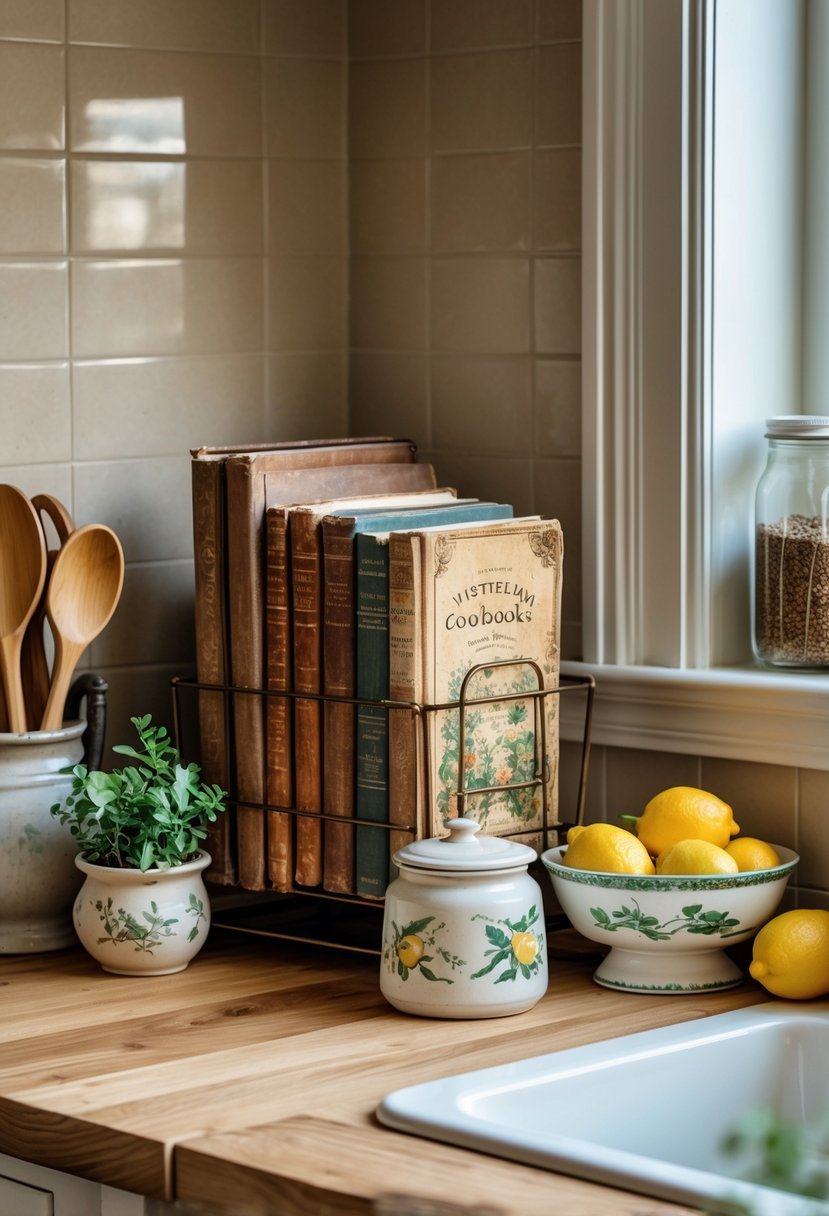 A kitchen counter corner with vintage cookbooks on a holder, surrounded by kitchen utensils, a small plant, and fresh fruit.
