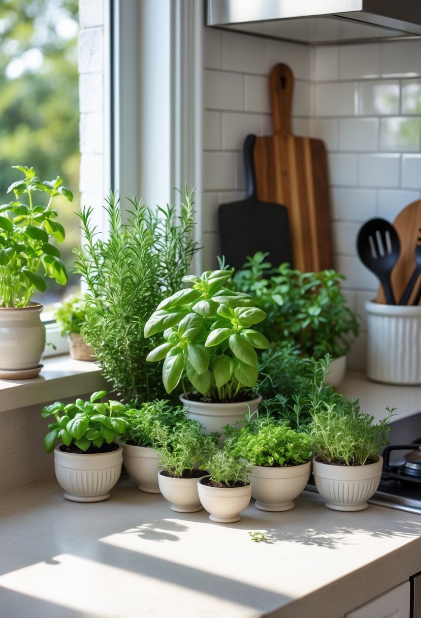 A small collection of potted herbs arranged on a kitchen counter corner with natural light.