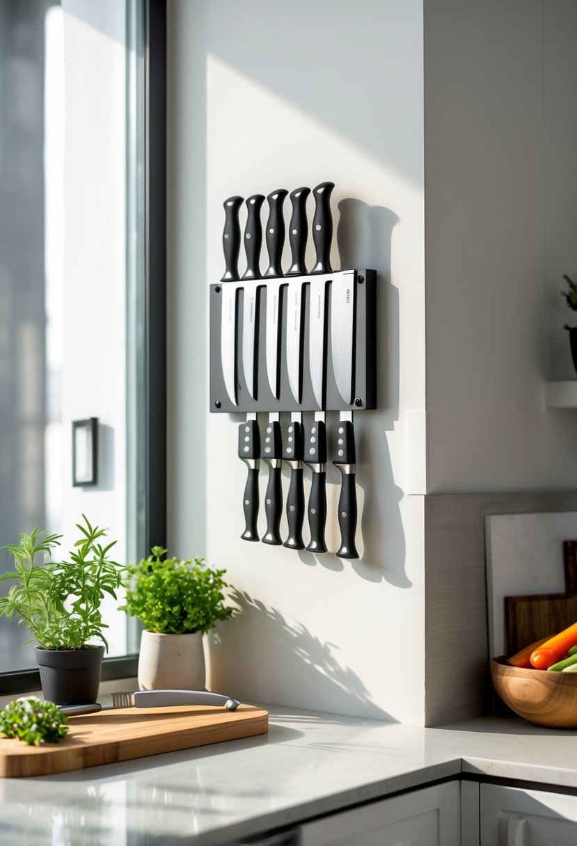 A kitchen corner with a wall-mounted magnetic knife strip holding knives above a counter with a potted plant, cutting board, and fresh vegetables.