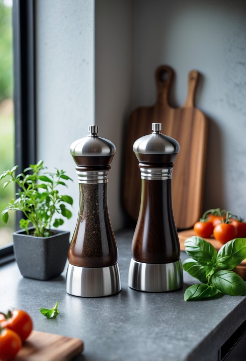 A salt and pepper mill set on a kitchen counter corner surrounded by a small herb plant, cutting board, and fresh vegetables.