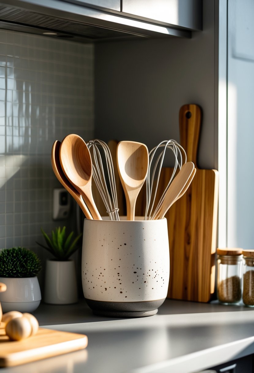 A kitchen counter corner with a ceramic utensil holder filled with kitchen tools, a small plant, and spice jars on a clean surface.