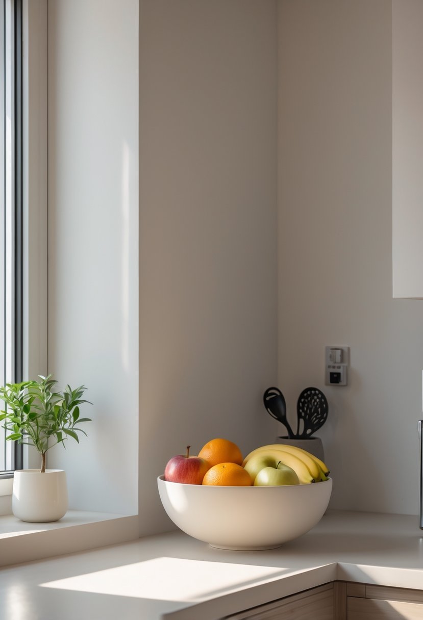 A minimalist fruit bowl with apples, oranges, and bananas on a clean kitchen counter corner with natural light.
