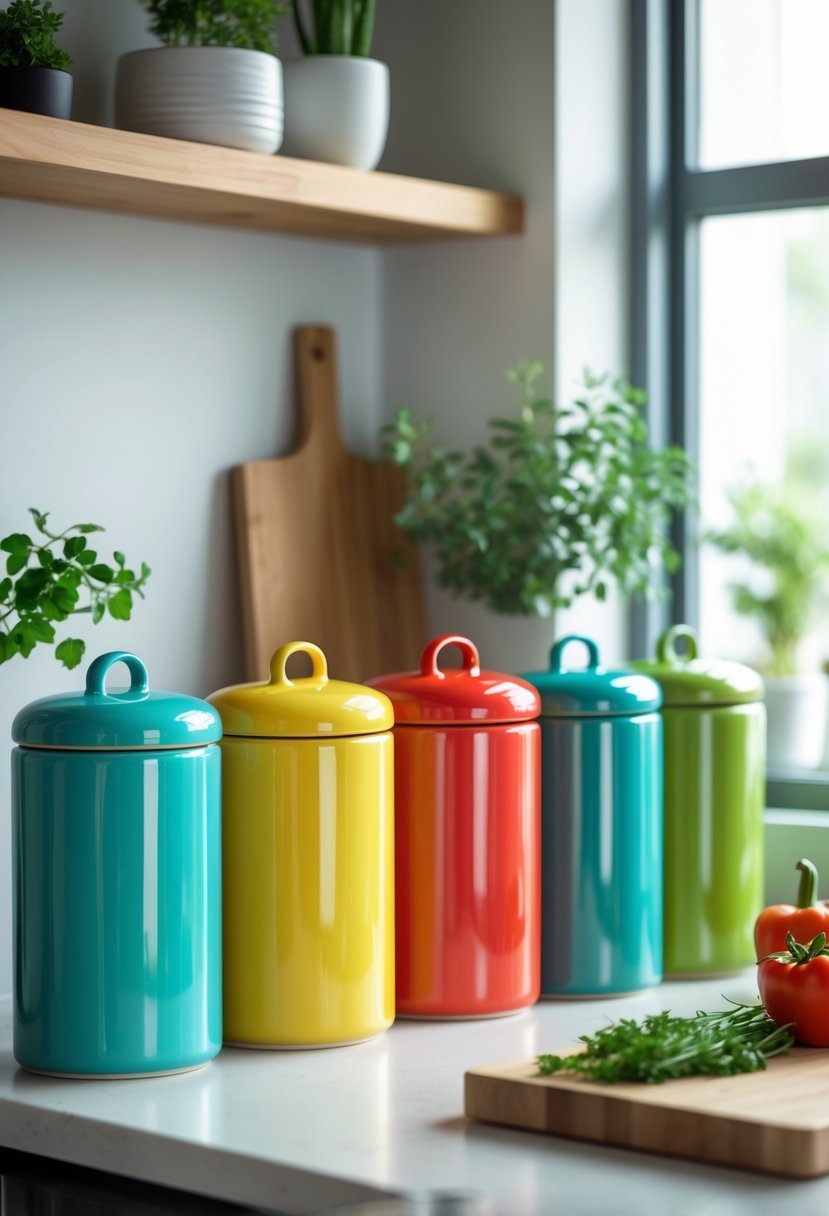 A kitchen counter corner with colorful ceramic canisters arranged alongside a small herb plant and a wooden cutting board.