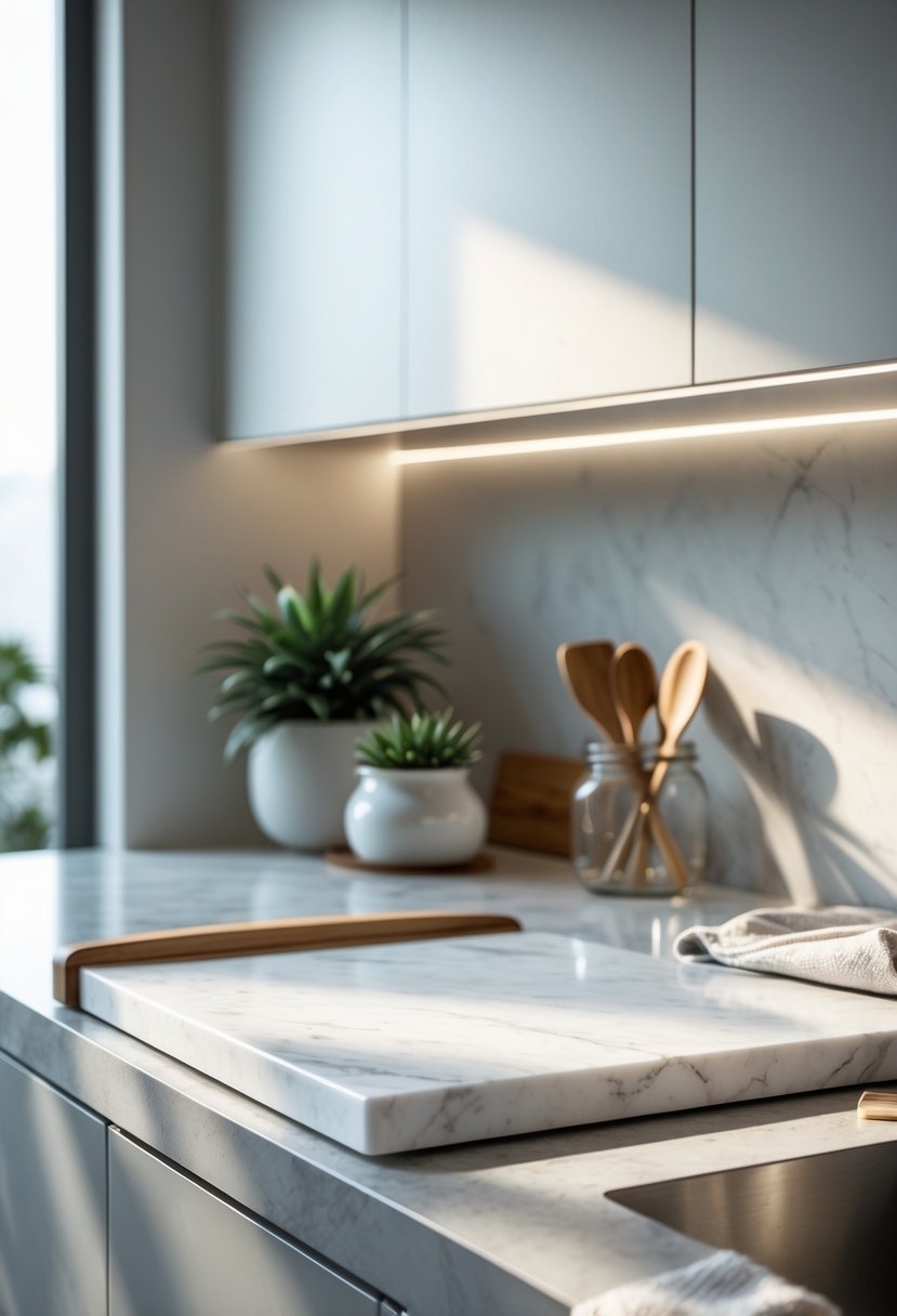 A kitchen counter corner featuring a marble cutting board displayed with kitchen accessories and a small plant.