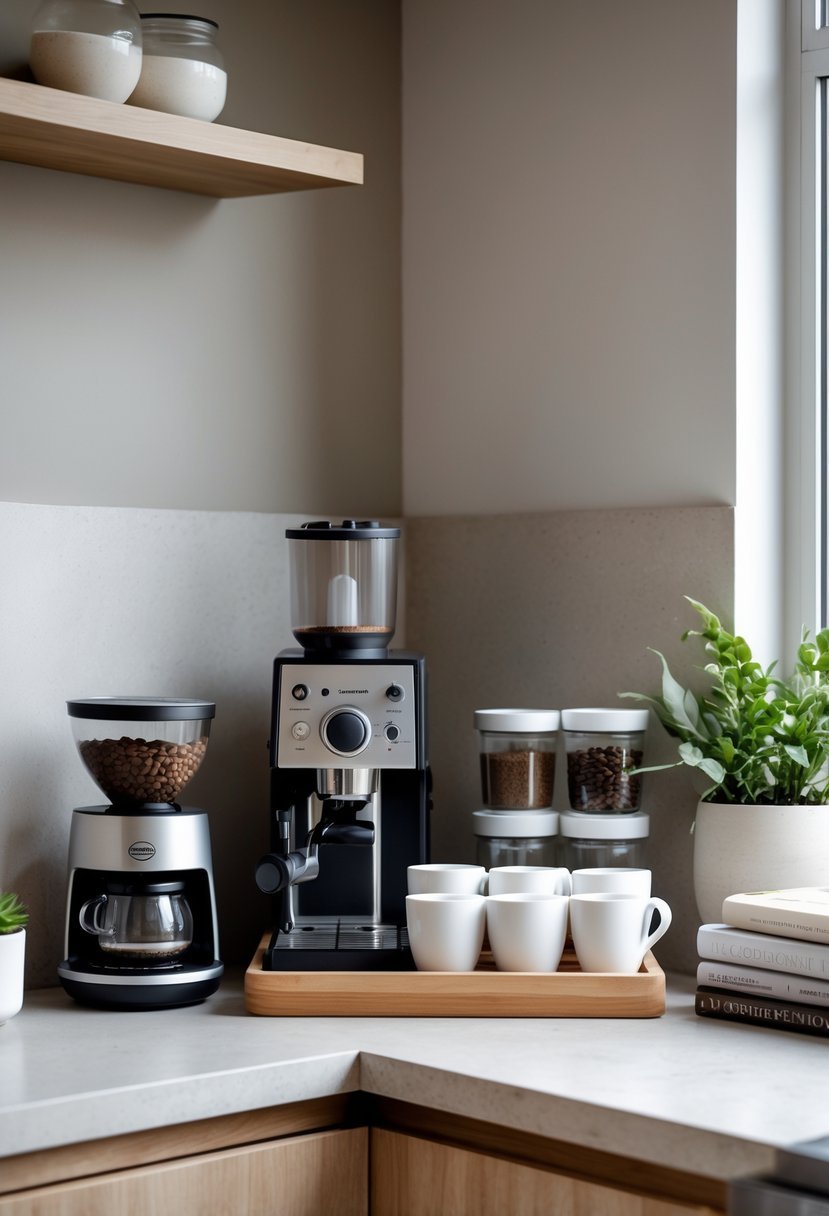 A kitchen counter corner with a compact coffee station featuring an espresso machine, coffee jars, cups, and a small plant.