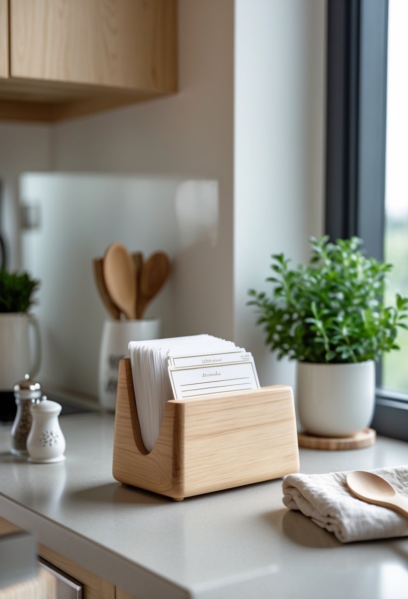 Wooden recipe card holder on a kitchen counter corner surrounded by small kitchen decor items and natural light.