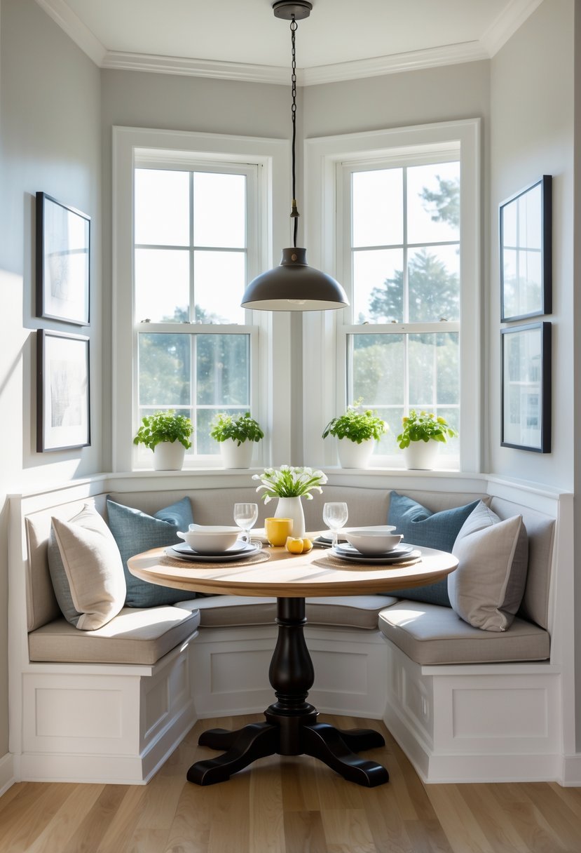 A corner breakfast nook with a round table, cushioned bench seating, large windows, and potted plants.