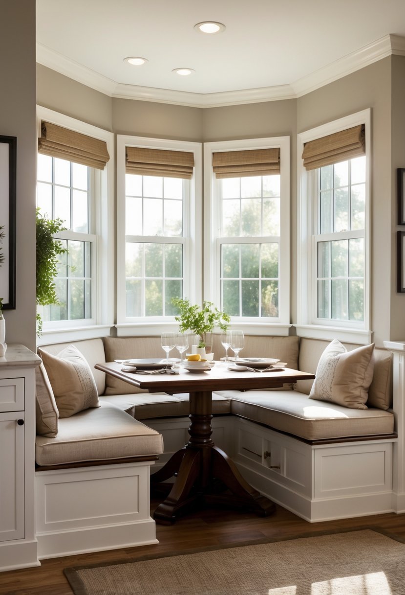 A corner breakfast nook with built-in bench seating and storage, featuring a wooden table and cushions in a bright, inviting space.
