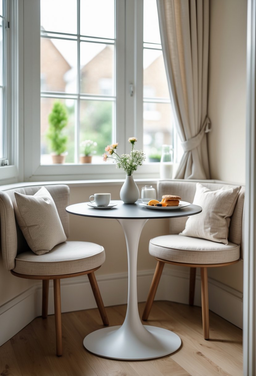 A round pedestal table in a bright corner breakfast nook with cushioned chairs and natural light from nearby windows.