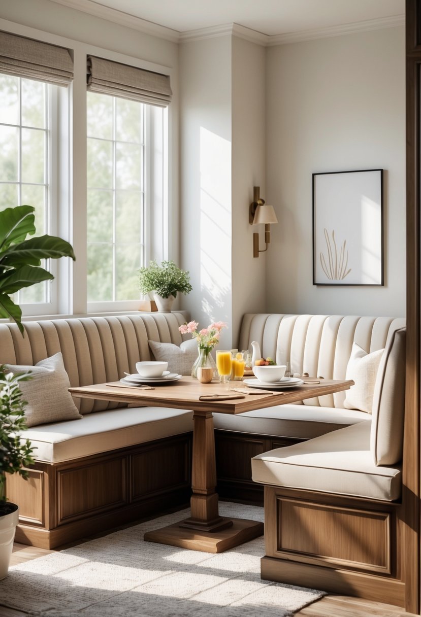 A corner breakfast nook with cushioned banquette seating around a wooden table set for breakfast.