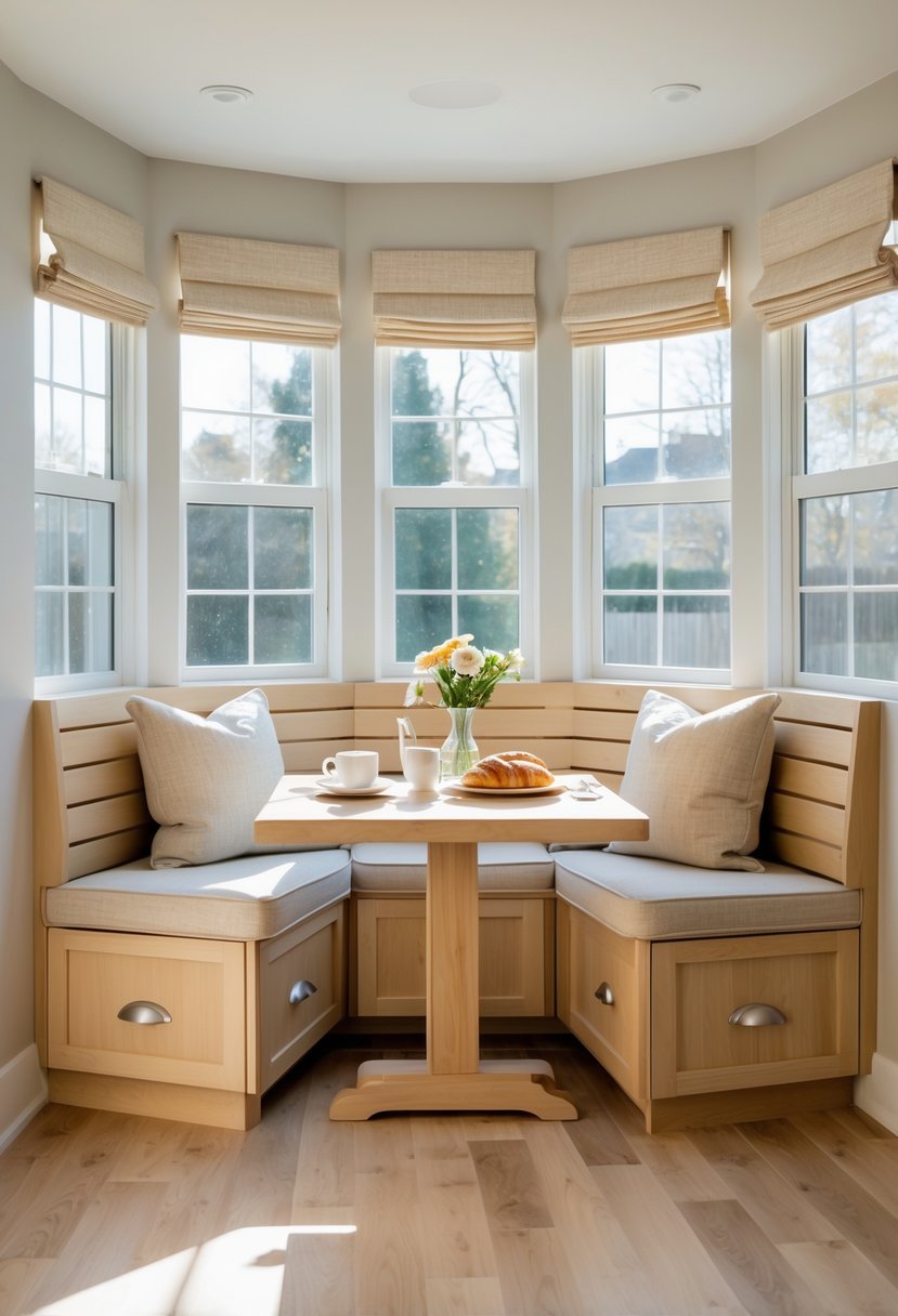 A kitchen corner breakfast nook with a wooden bench featuring under-seat drawers, a small table set for breakfast, and sunlight coming through large windows.