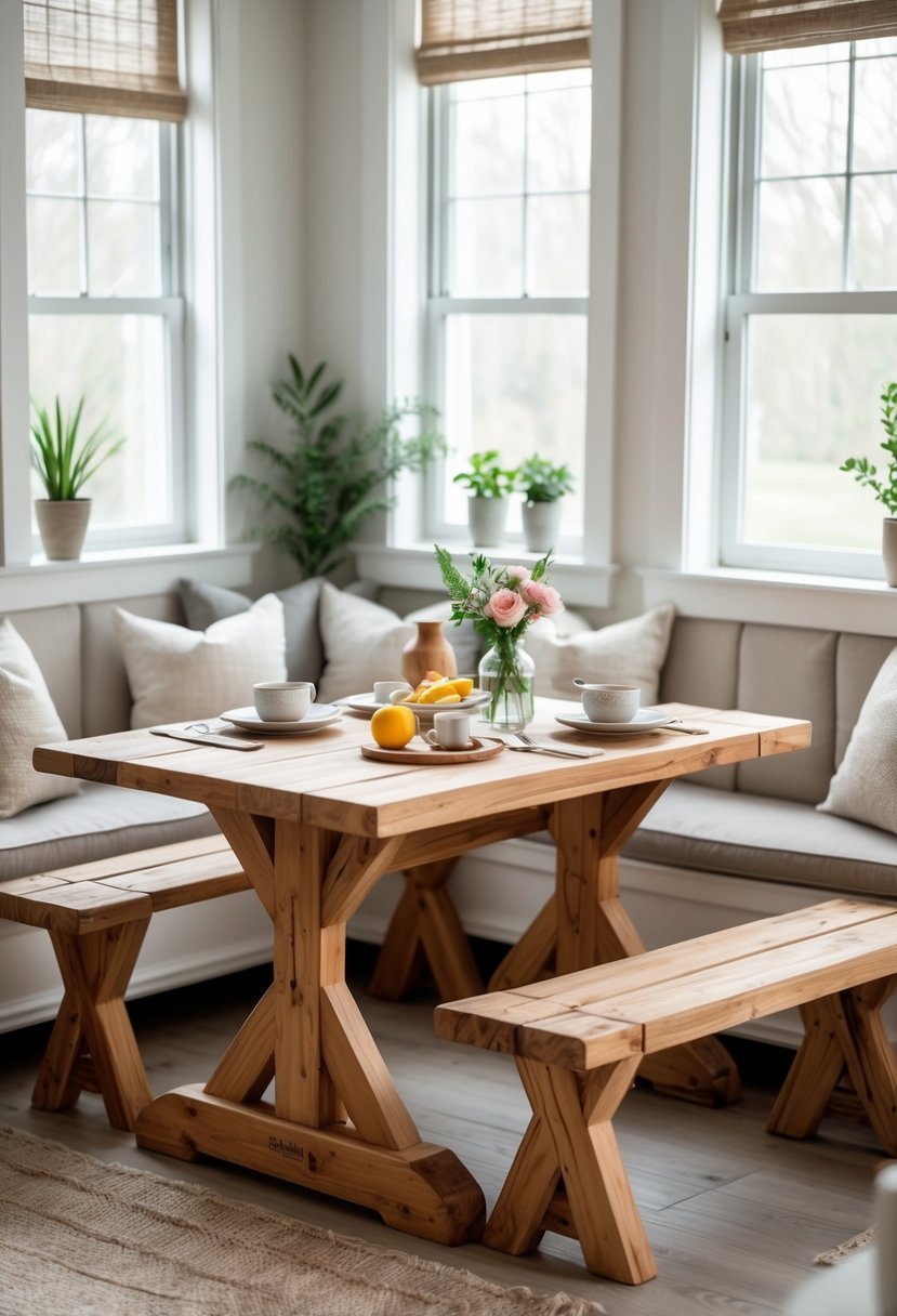 A corner breakfast nook with a wooden trestle table and picnic benches, set with simple breakfast items and natural light coming through nearby windows.