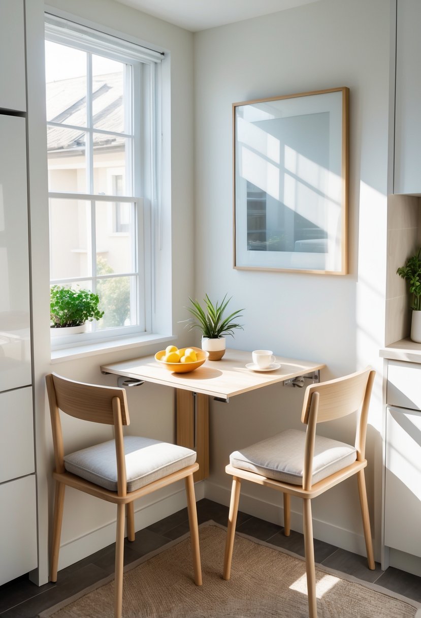 A bright kitchen corner with a fold-down wall-mounted table and two chairs arranged for breakfast.