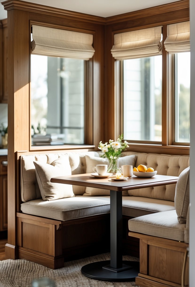 A corner breakfast nook with booth-style seating and padded cushions surrounding a small round table set for breakfast.
